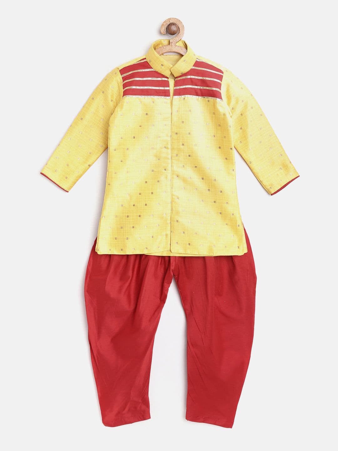 BownBee Boys Yellow & Red Woven Design Sherwani Set - view 1