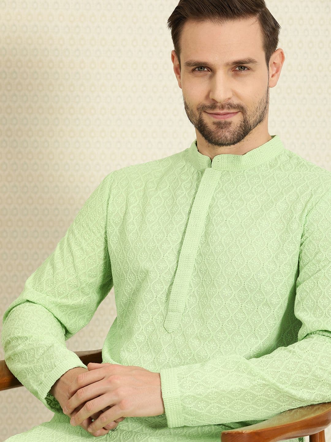 House of Pataudi Men Green Chikankari Embroidered Woven Design Straight Kurta - view 1