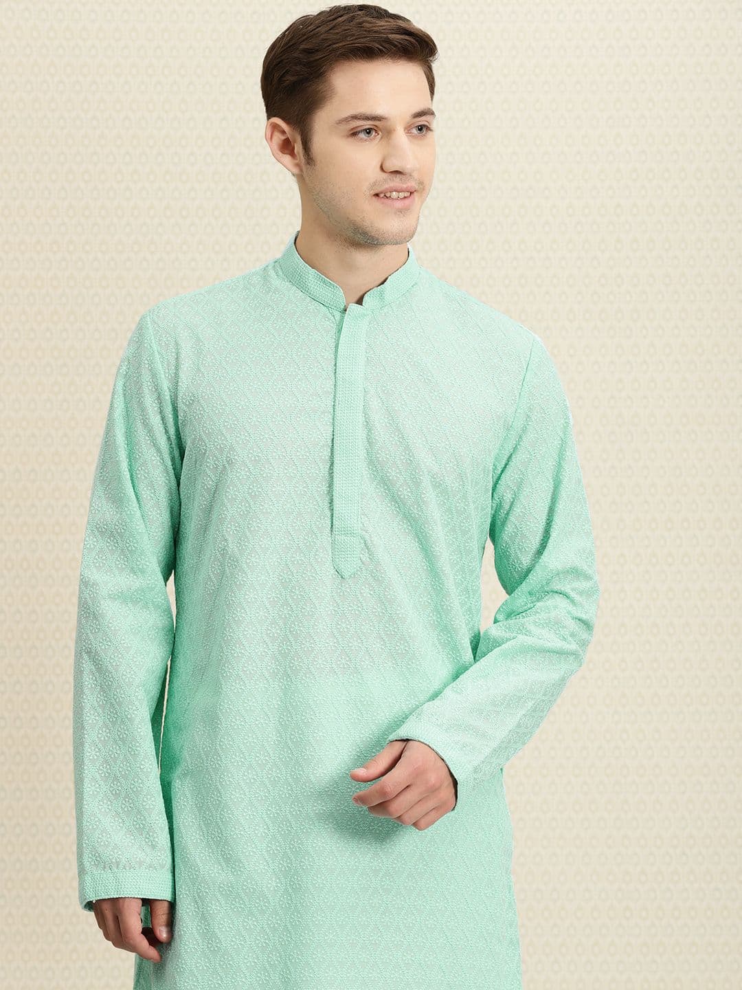 House of Pataudi Men Turquoise Blue Chikankari Embroidered Straight Kurta - view 1