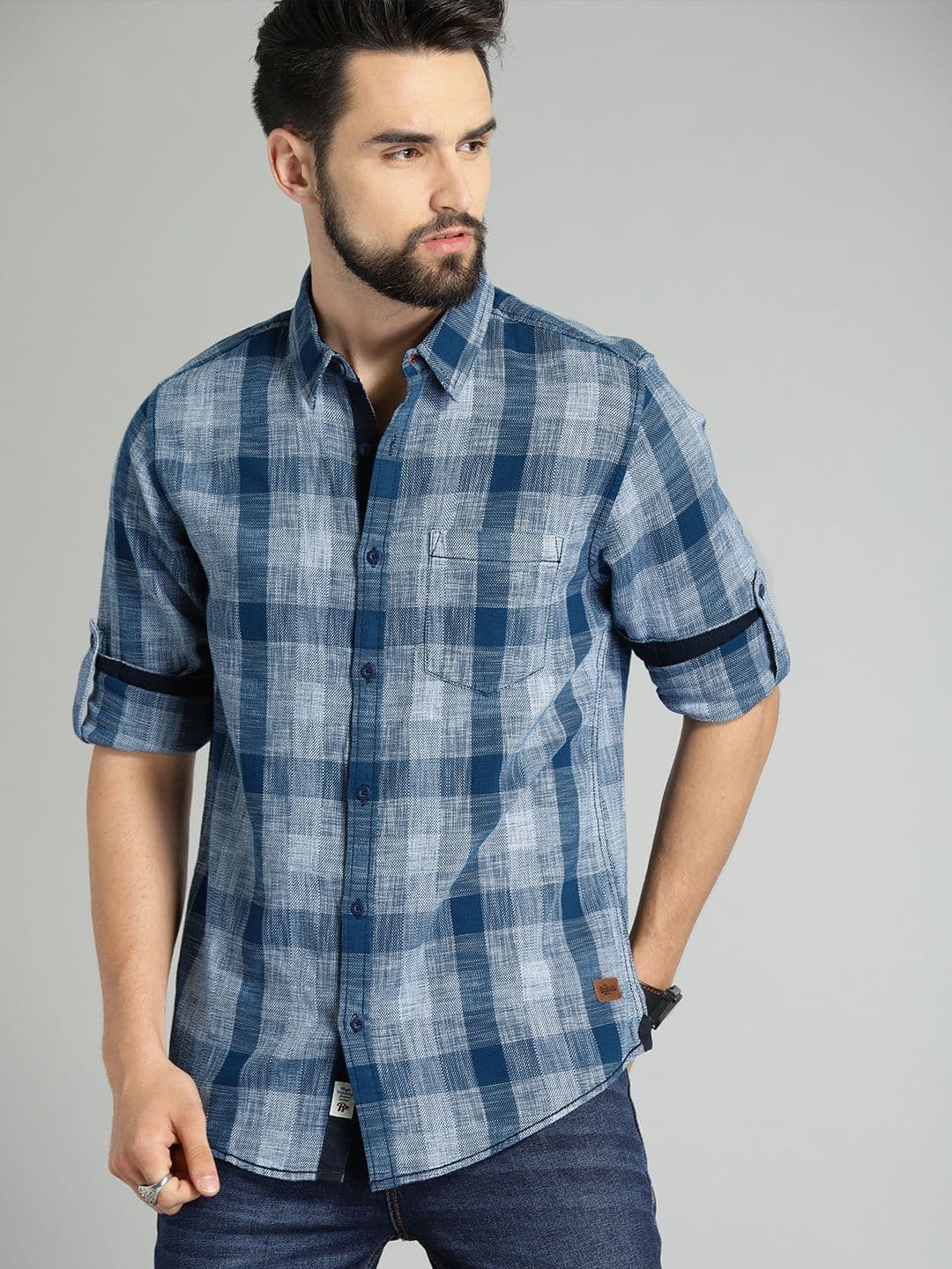 Roadster Men Blue & White Checked Structured Casual Shirt - view 1
