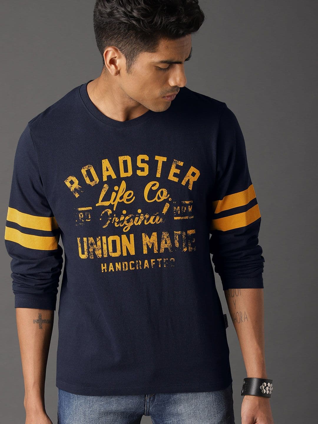 The Roadster Lifestyle Co Men Navy Blue Varsity Graphic Cotton T-shirt - view 1
