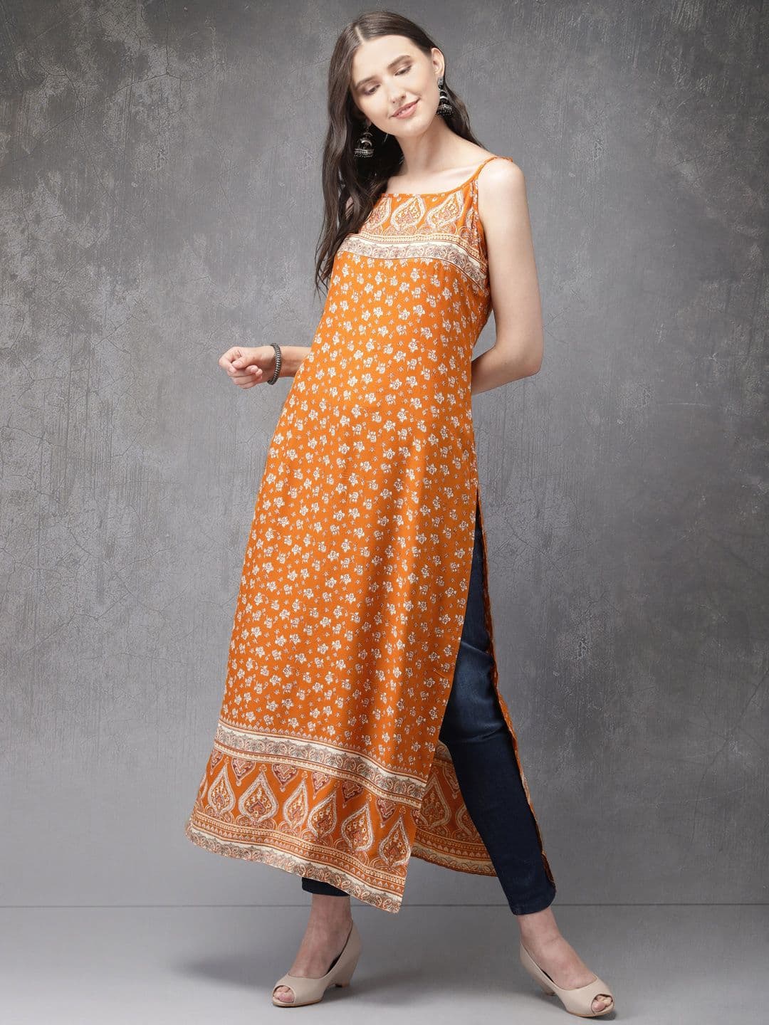 Anouk X fwd Women Orange & White Floral Printed Straight Kurta - view 1