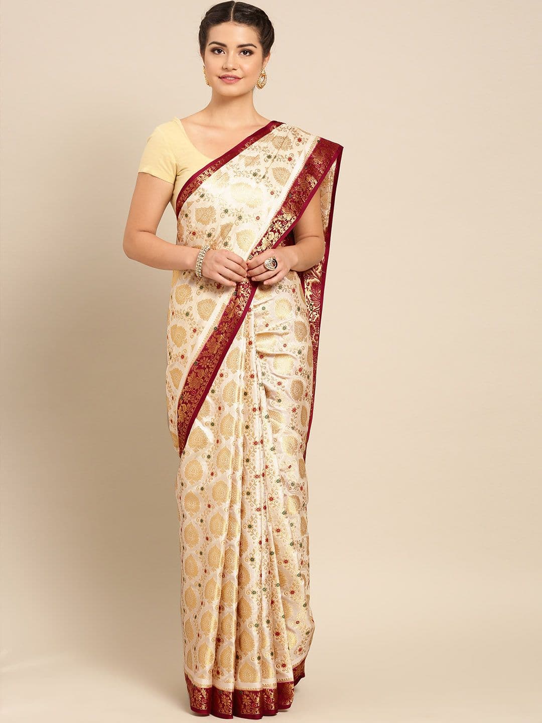 MIMOSA Beige Art Silk Woven Design Kanjeevaram Saree - view 1