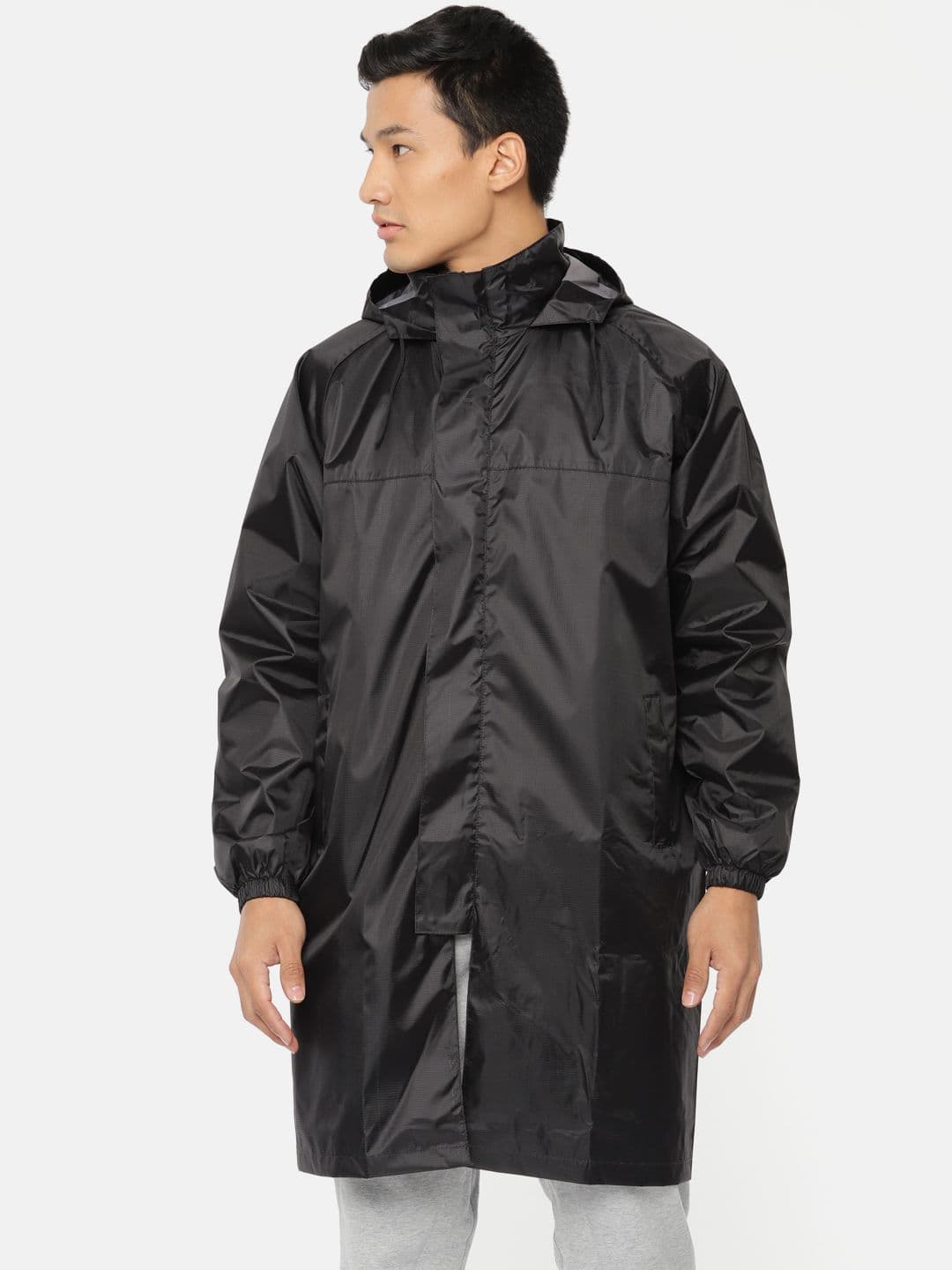 Plutus Men Black Solid Hooded Longline Waterproof Rain Jacket