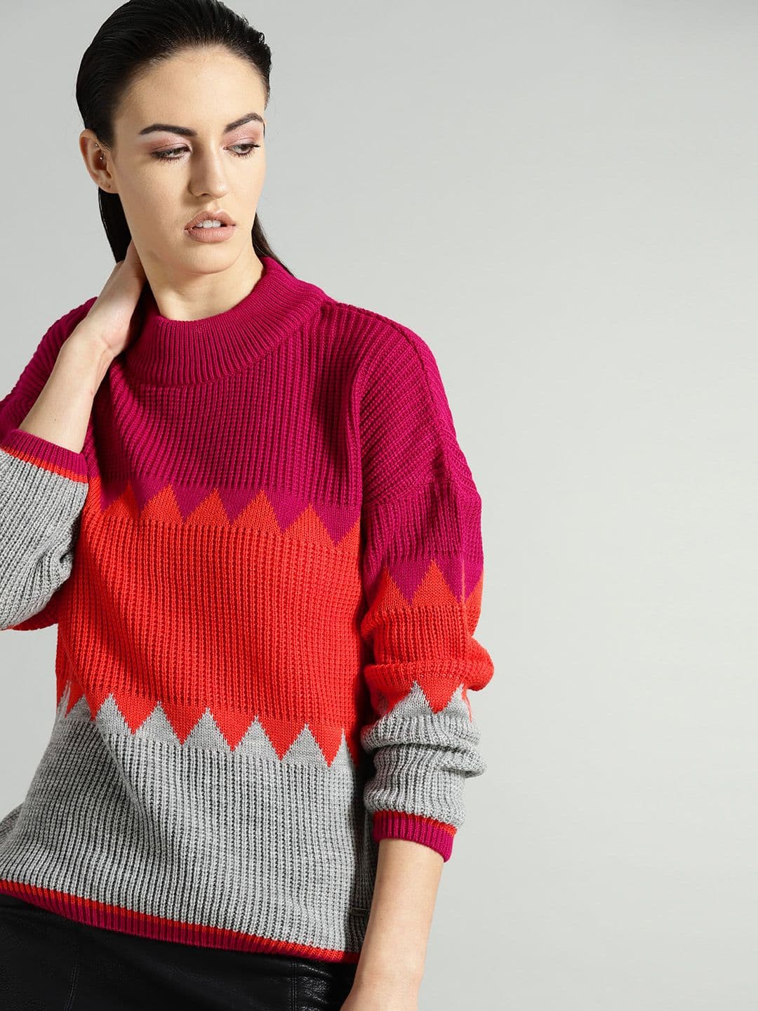 The Roadster Lifestyle Co Women Pink & Orange Colourblocked Sweater - view 1