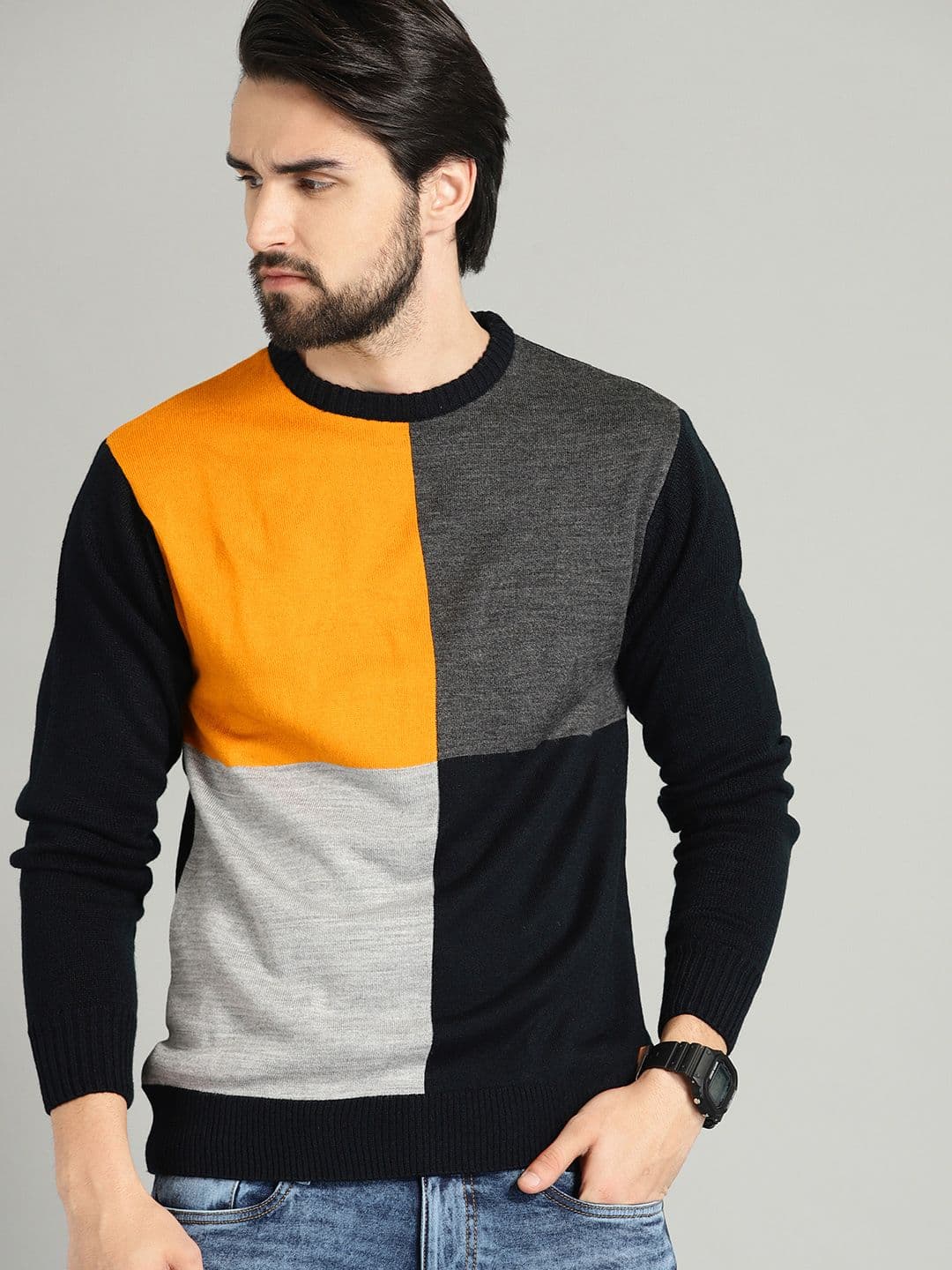 The Roadster Lifestyle Co Men Navy Blue & Mustard Yellow Colourblocked Sweater - view 1