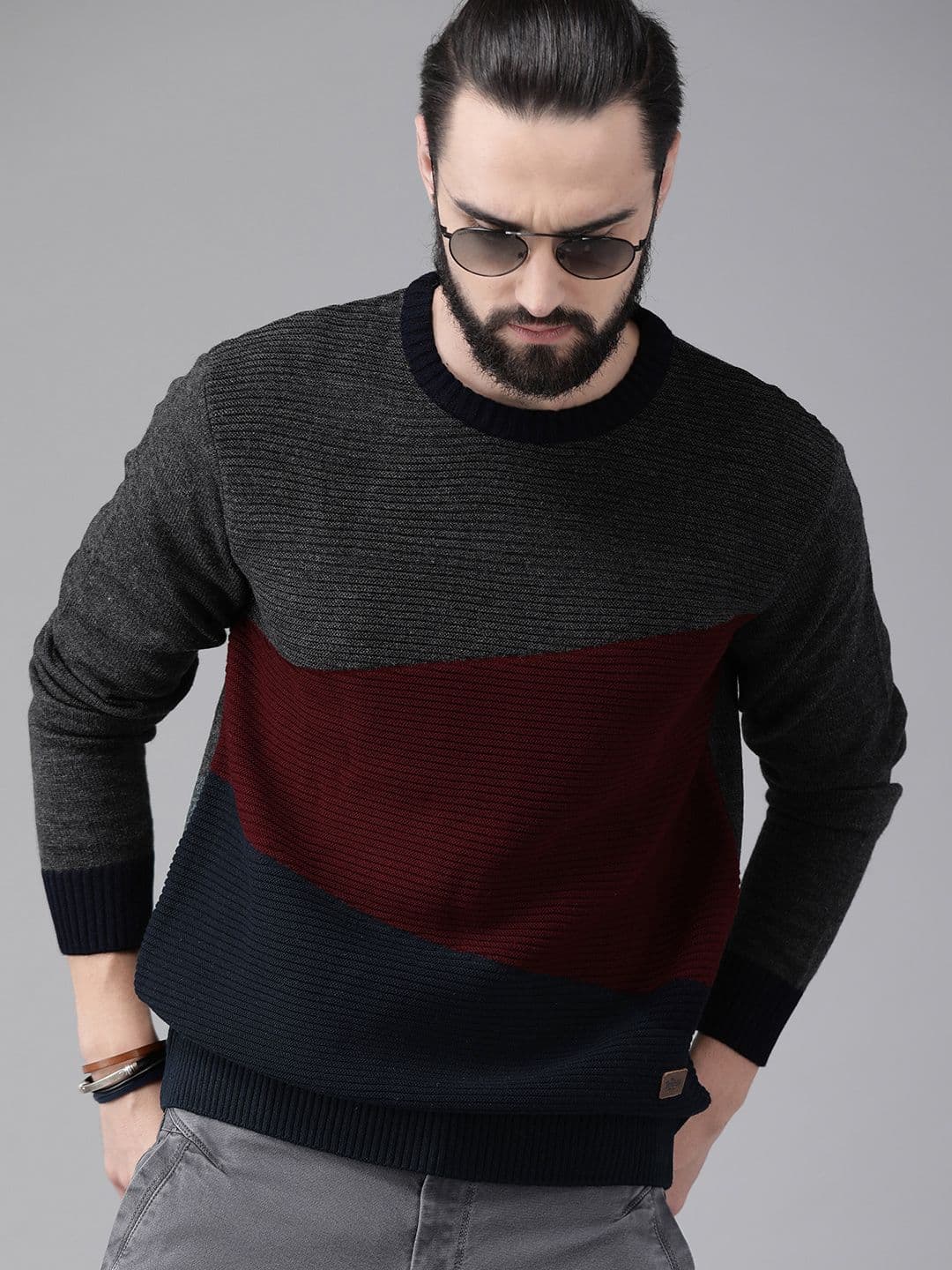 The Roadster Lifestyle Co Men Grey & Red Colourblocked Pullover Sweater - view 1