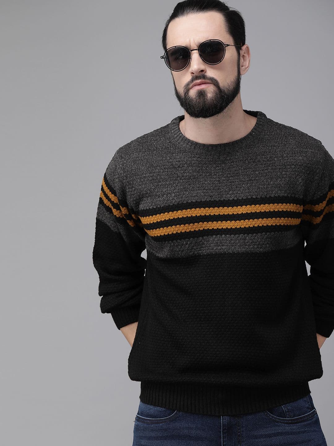 The Roadster Lifestyle Co Men Charcoal Grey & Black Colourblocked Pullover Sweater - view 1