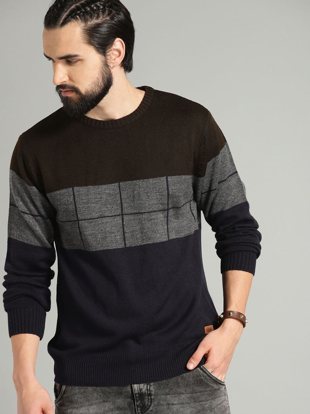The Roadster Lifestyle Co Men Navy Blue & Coffee Brown Colourblocked Sweater - view 1