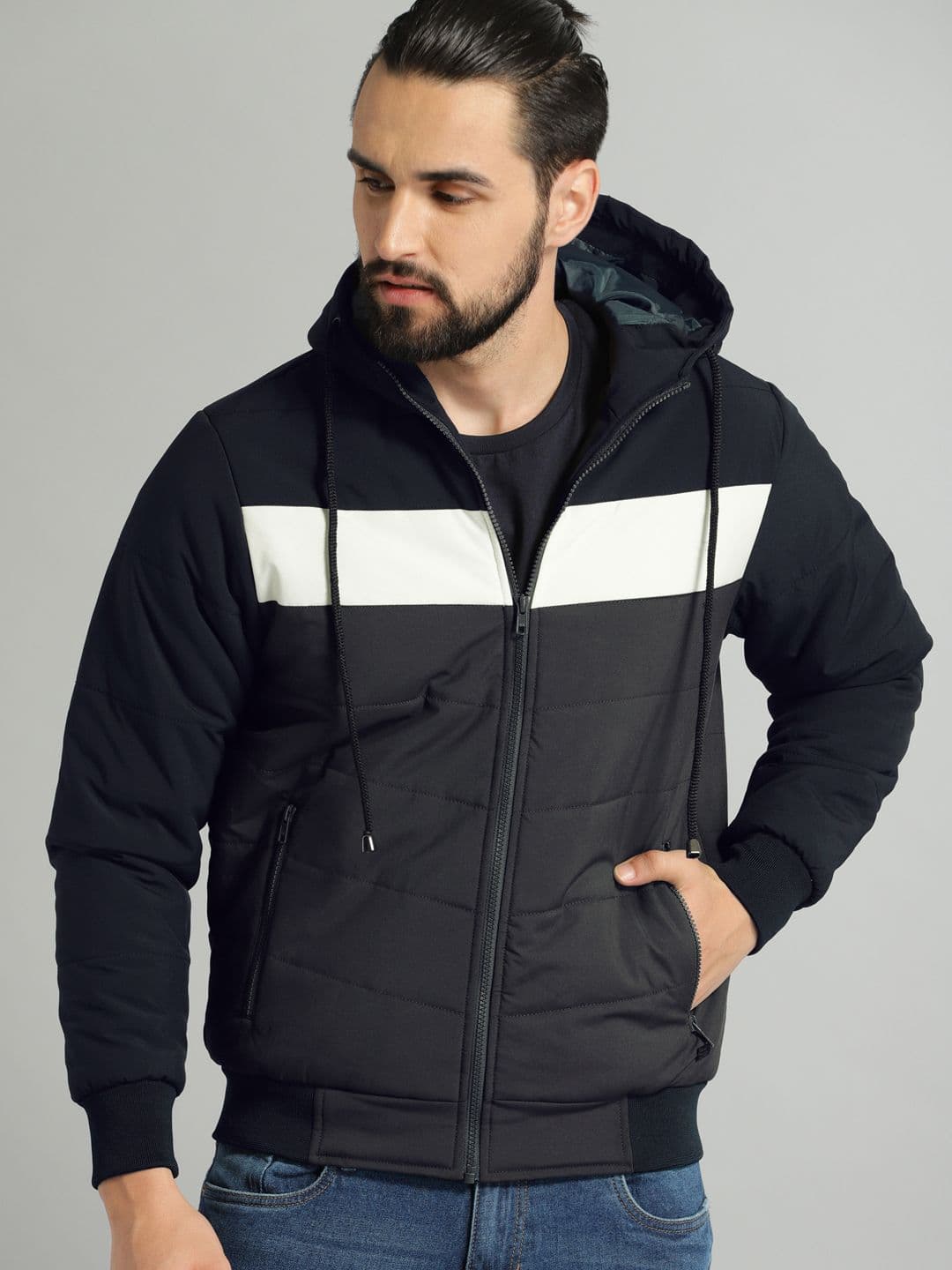 The Roadster Lifestyle Co Men Charcoal Grey & White Colourblock Hooded Puffer Jacket - view 1