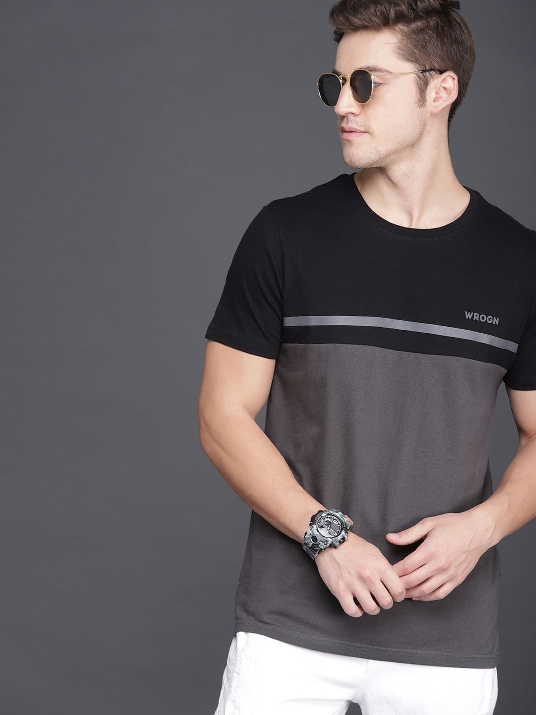 WROGN Men Black Charcoal Grey Slim Fit Colourblocked Cotton Cotton T-shirt - view 1