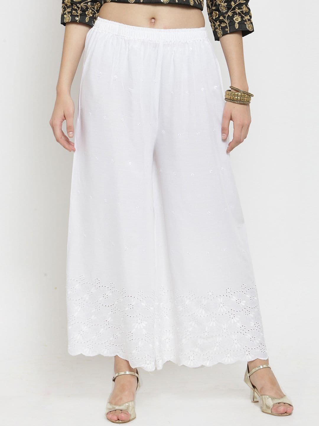 Clora Creation Women White Embroidered Flared Palazzos - view 1