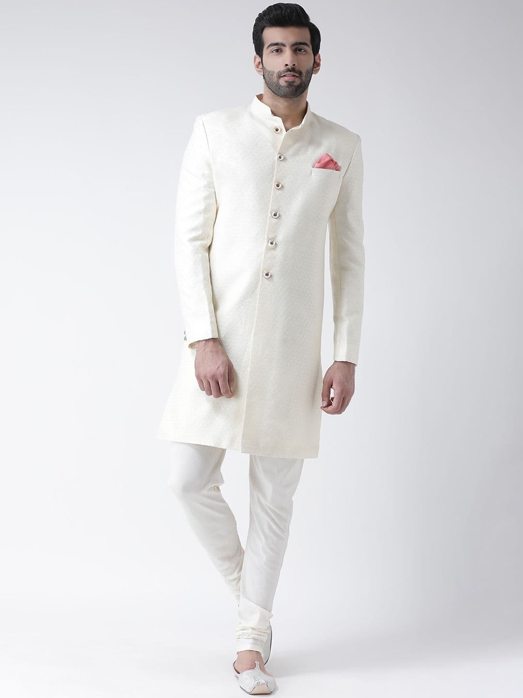 KISAH Men White Woven Design Indowestern Sherwani - view 1