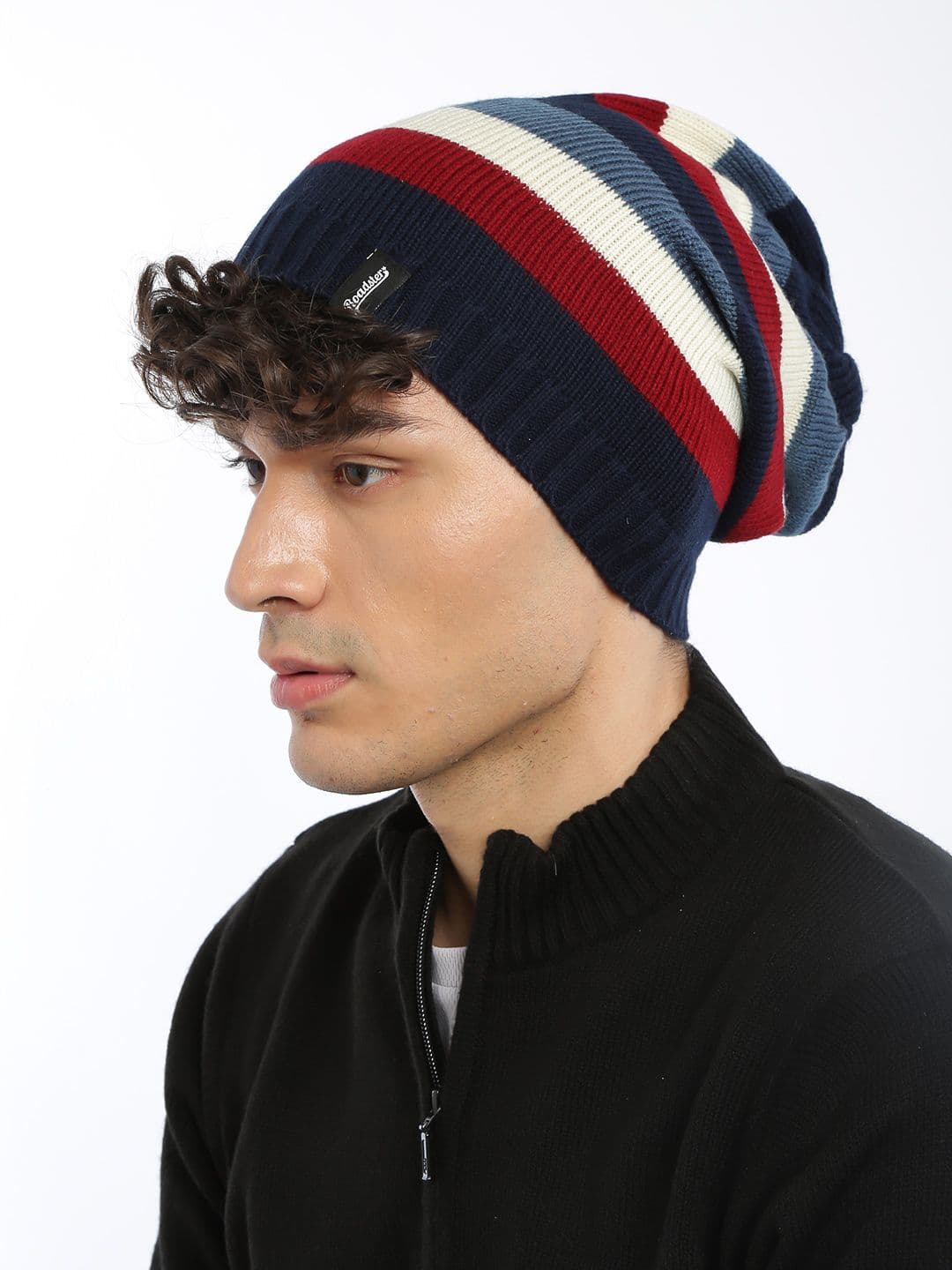 The Roadster Lifestyle Co Unisex Navy Blue & Off-White Striped Beanie - view 1