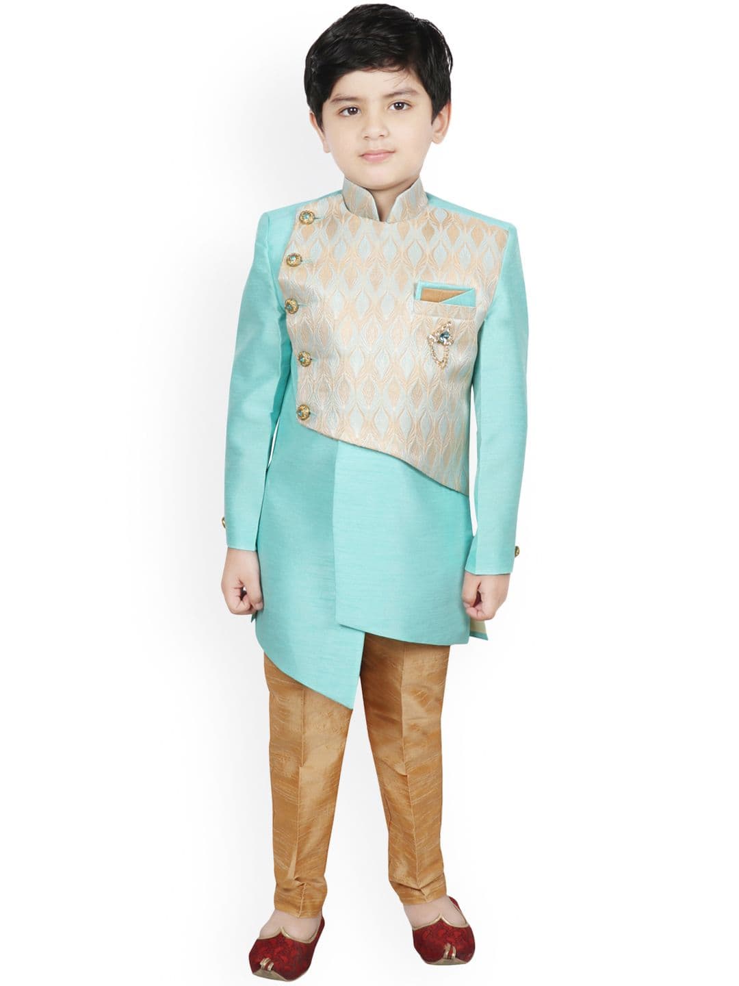 SG YUVRAJ Boys Turquoise Blue & Gold-Coloured Woven-Design Raw-Silk Sherwani