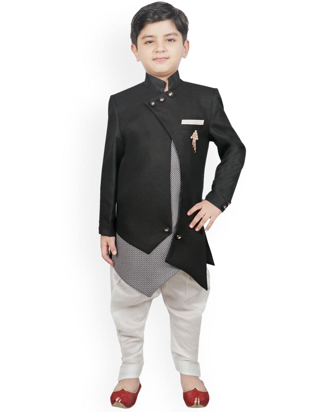 SG YUVRAJ Boys Black & White Solid Silk Sherwani - view 1