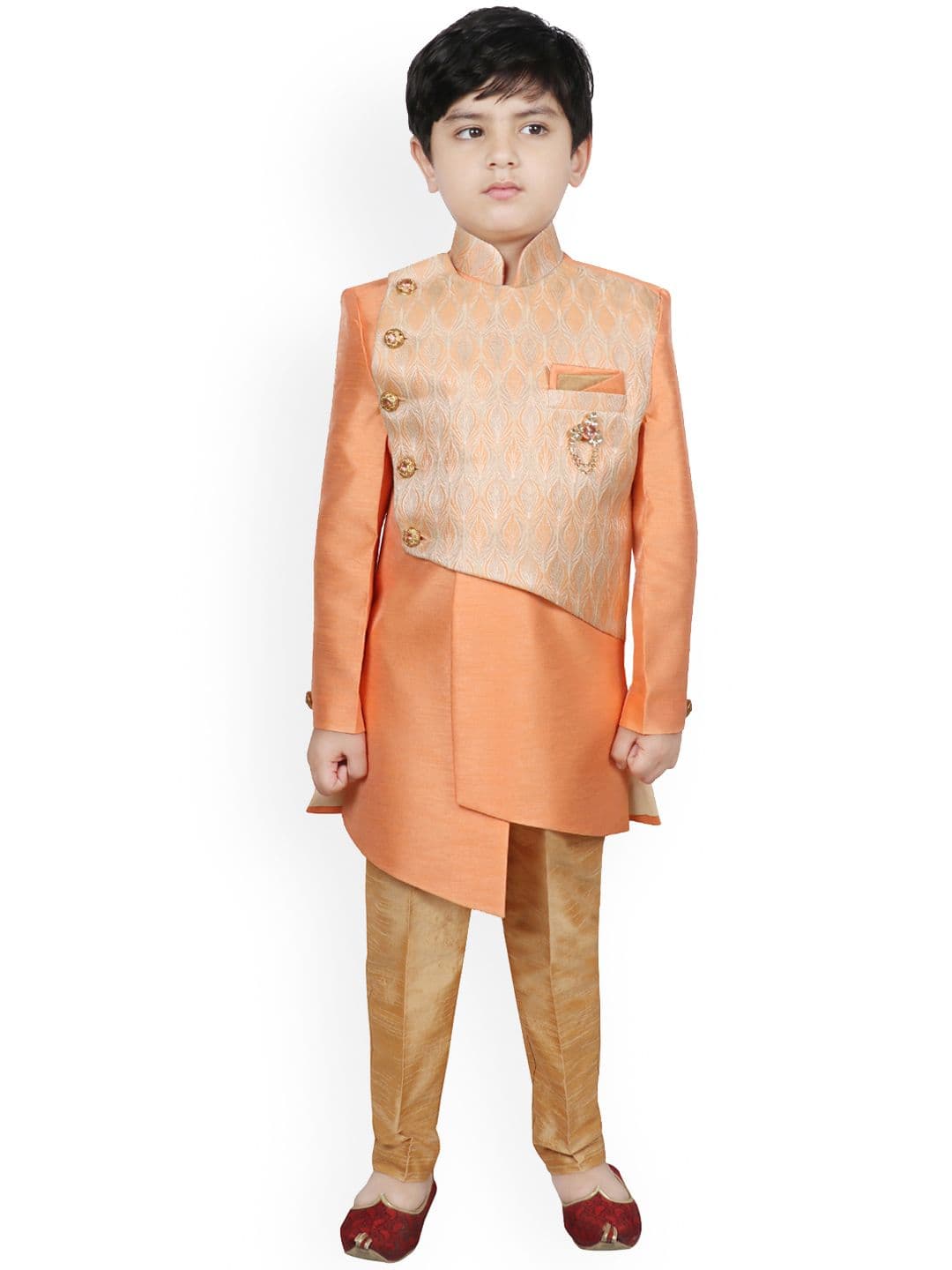SG YUVRAJ Boys Orange & Gold Woven Design Raw Silk Sherwani Set