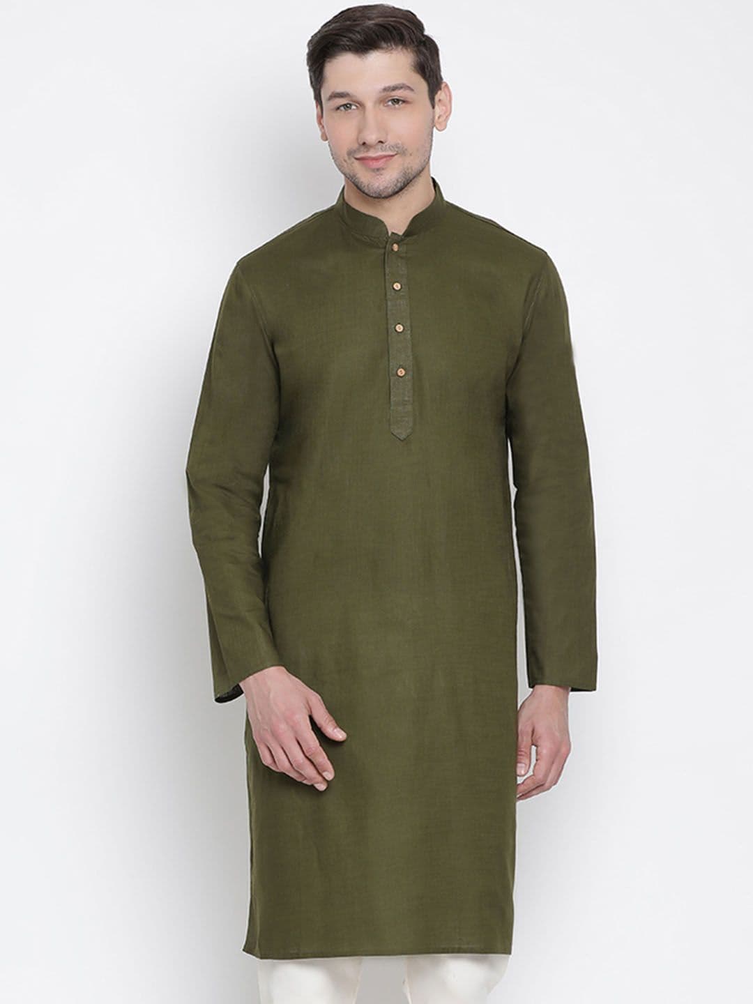 VASTRAMAY Men Olive Green Solid Straight Kurta - view 1