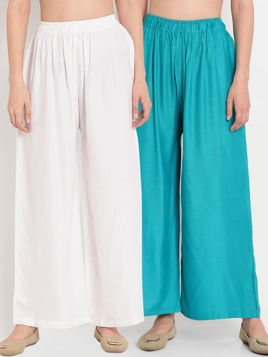 TAG 7 Women Pack Of 2 White & Teal Blue Solid Flared Palazzos - view 1