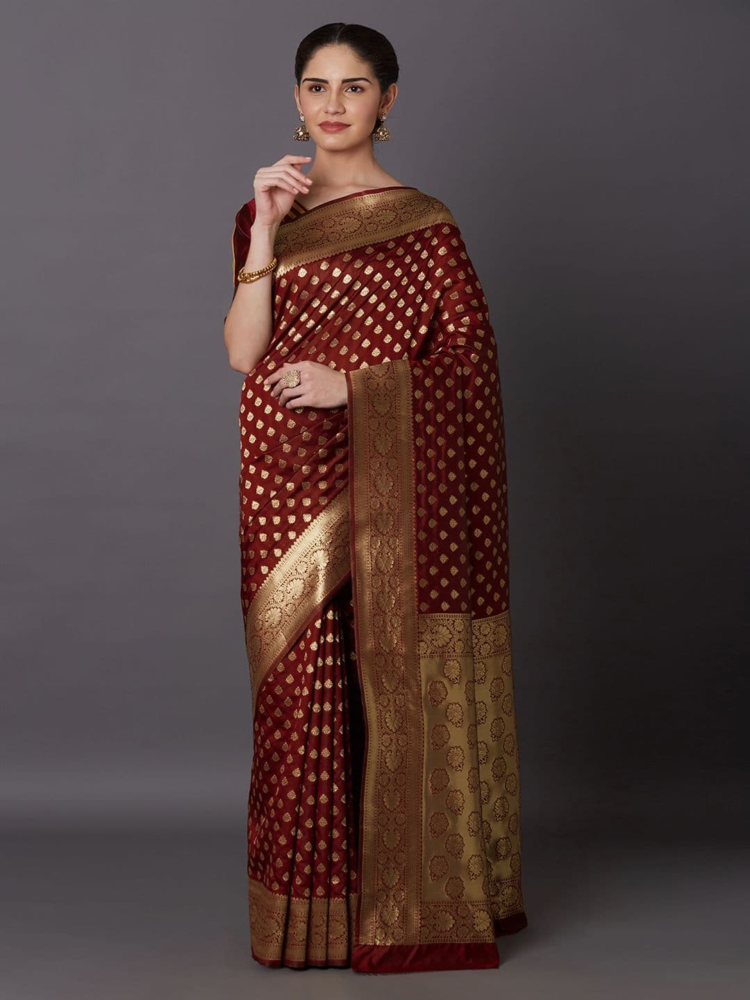 Mitera Maroon & Gold-Toned Silk Blend Woven Design Kanjeevaram Saree - view 1
