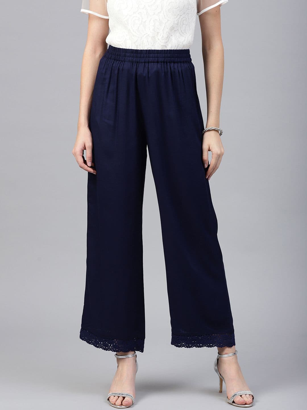 Juniper Women Navy Blue Solid Wide Leg Palazzos - view 1