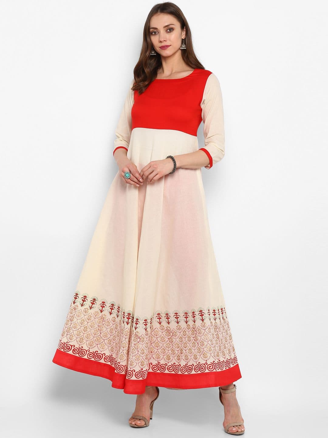 MBE Women Off-White Block Print Anarkali Kurta - view 1