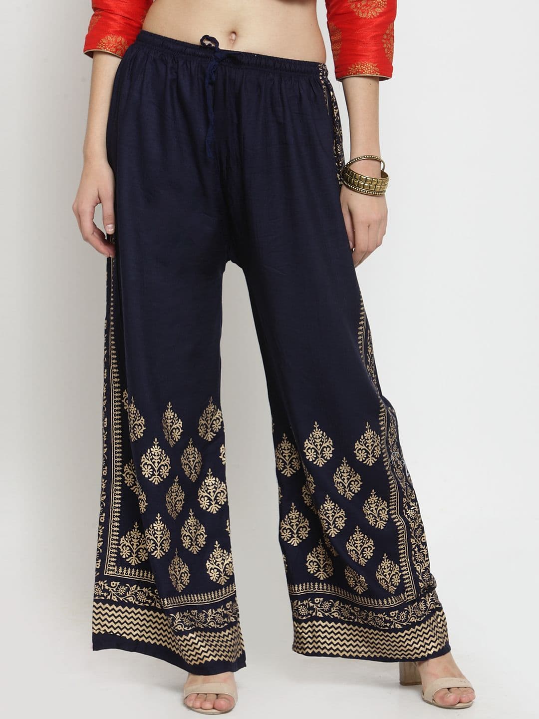 Clora Creations Navy Blue & Gold-Toned Printed Rayon Palazzo - view 1