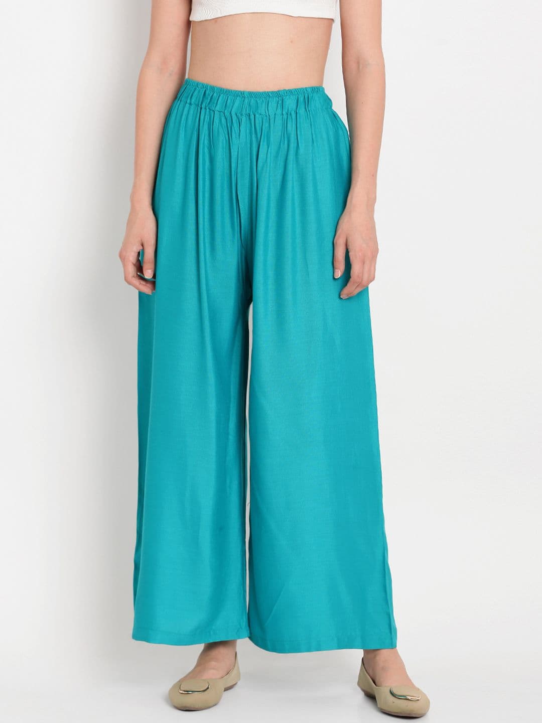 TAG 7 Women Teal Blue Solid Flared Palazzos - view 1