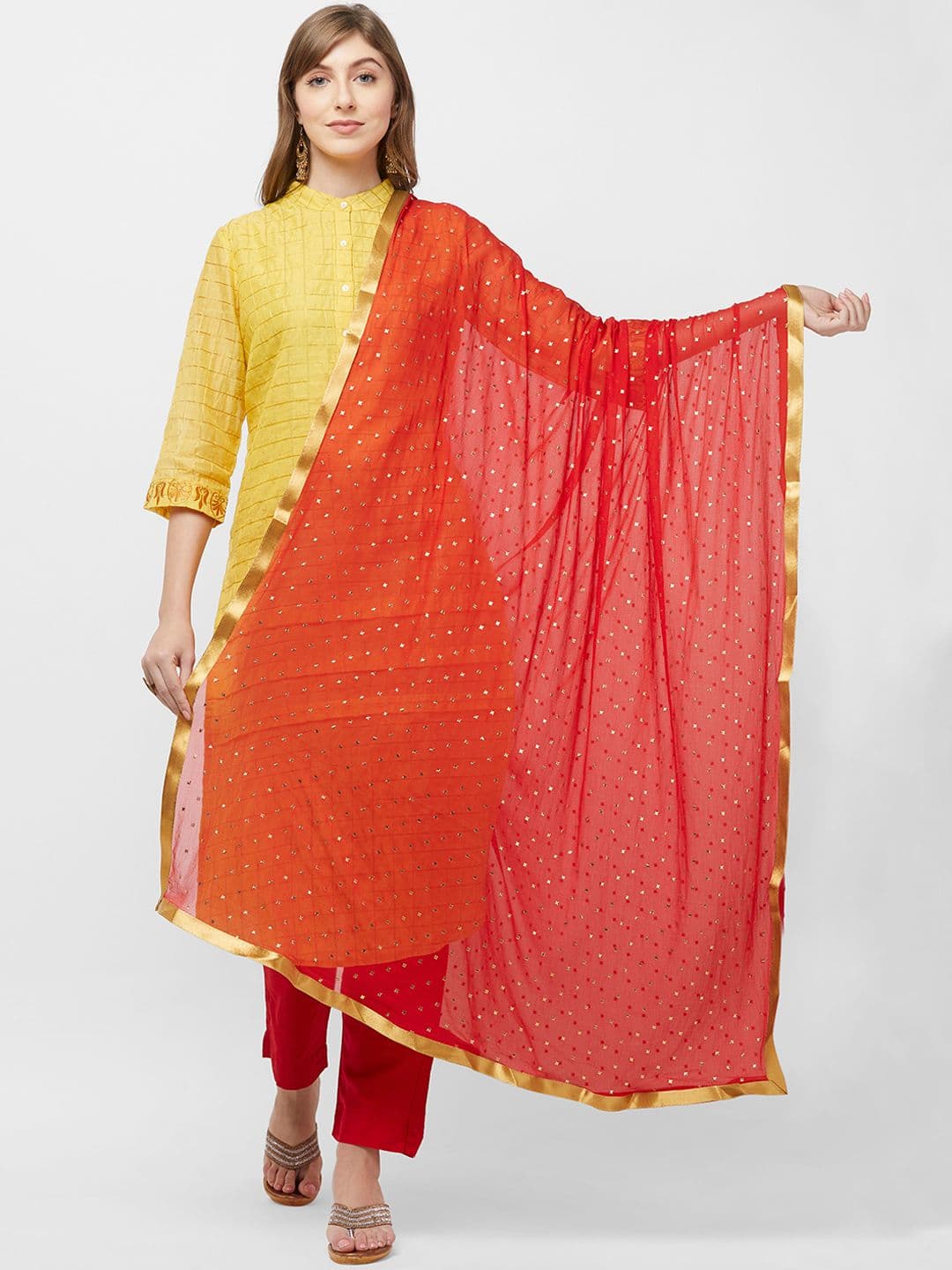 Dupatta Bazaar Red & Gold-Coloured Woven Design Dupatta - view 1