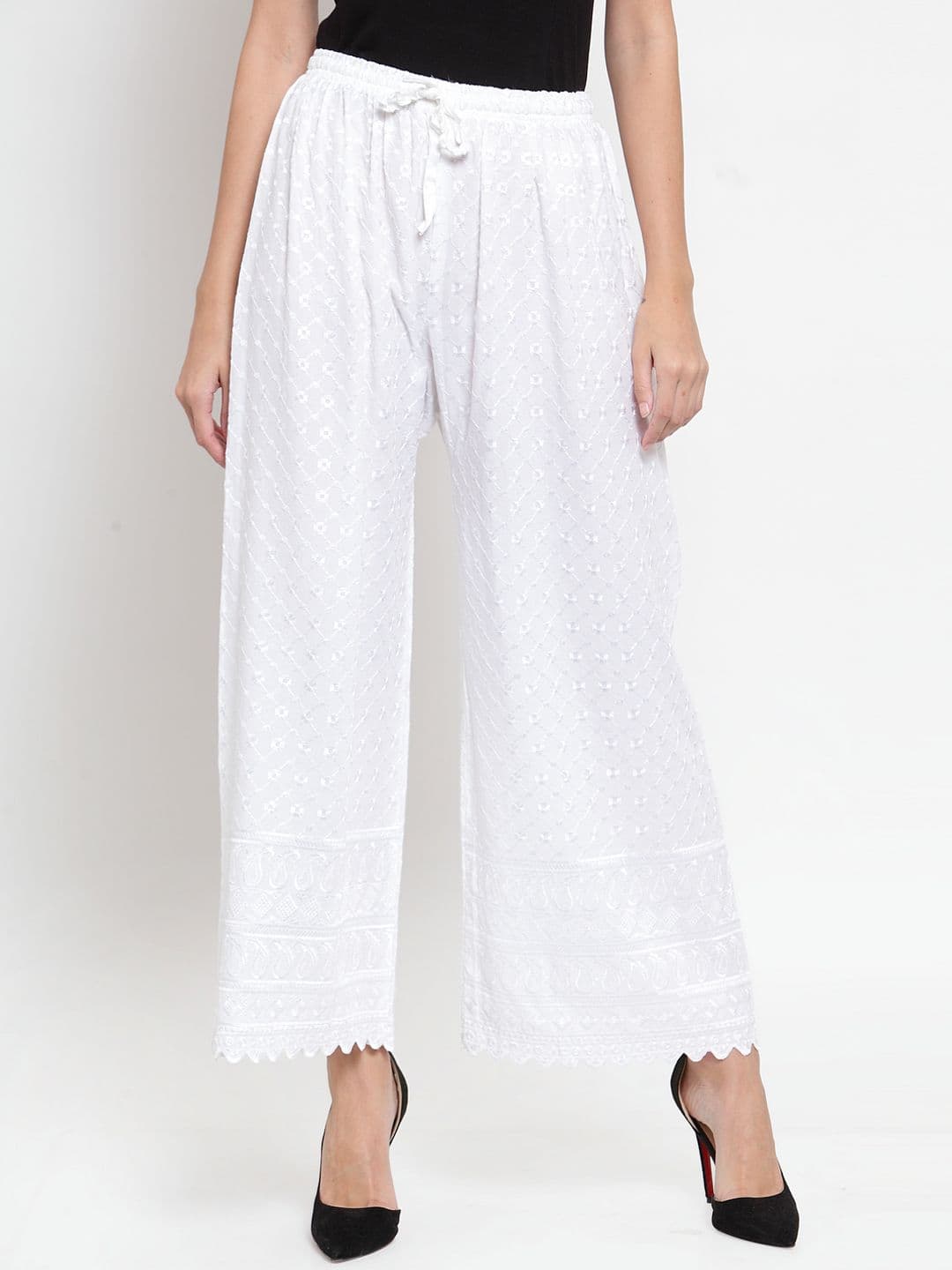 Clora Creation Women White Embroidered Straight Palazzos - view 1