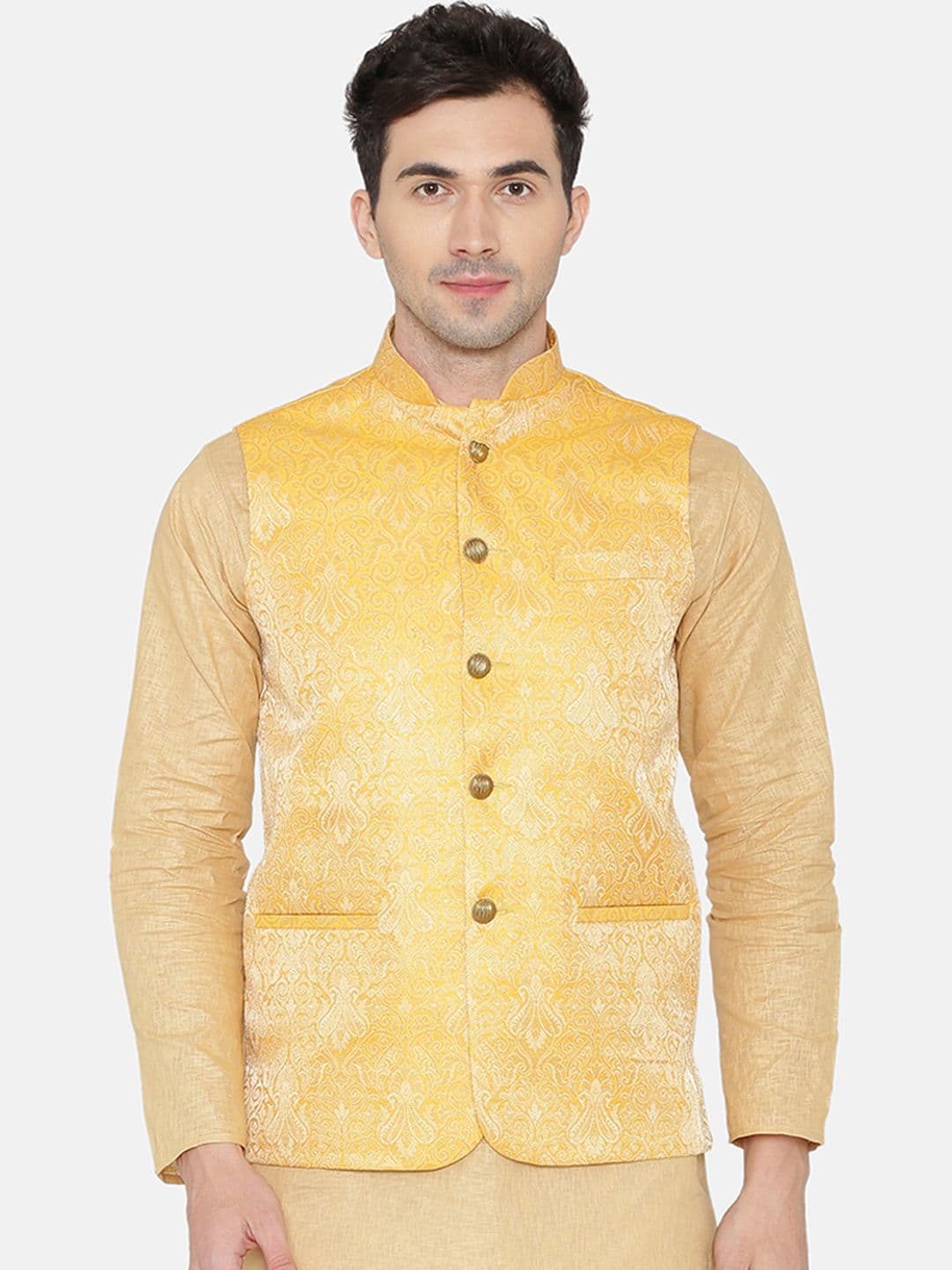 Wintage Men Yellow Woven Design Nehru Jacket - view 1