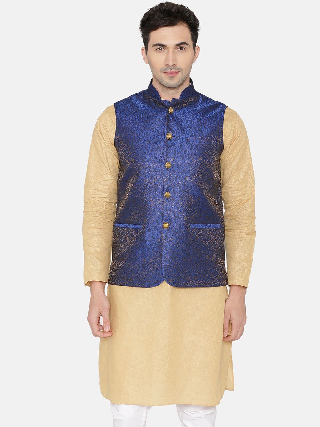 Wintage Men Blue Woven Design Nehru Jacket - view 1