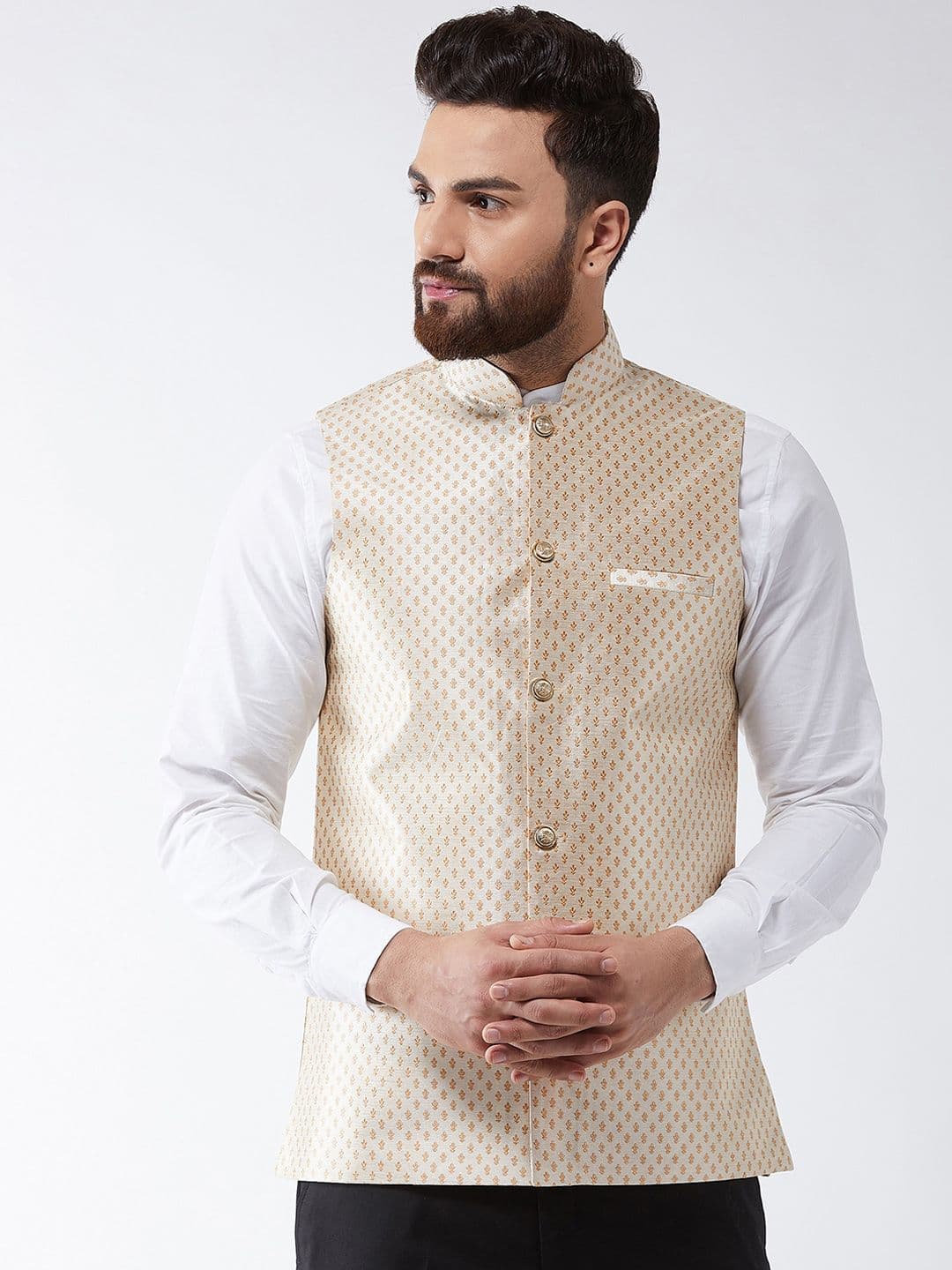 SOJANYA Beige & Gold Woven Design Nehru Jacket - view 1