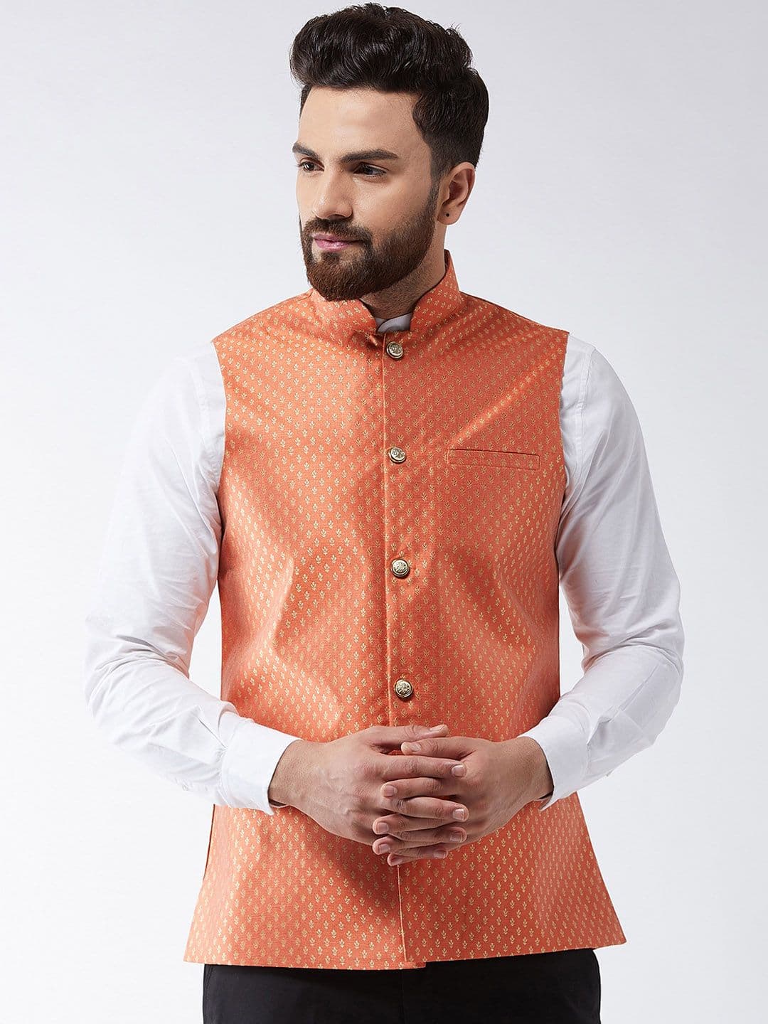 SOJANYA Men Orange Woven Design Nehru Jacket - view 1
