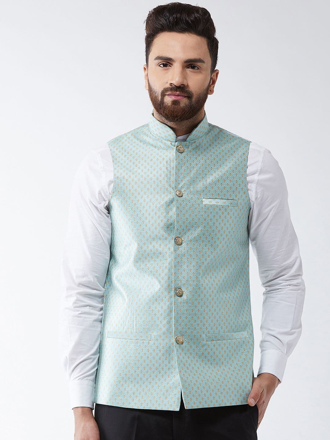 SOJANYA Sea Green & Gold Woven Design Nehru Jacket - view 1