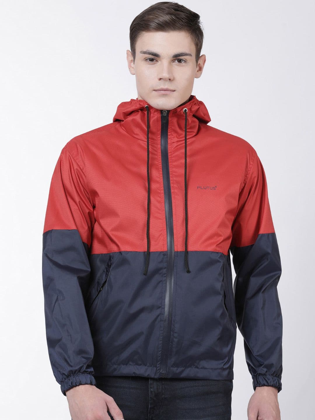 Plutus Men Red & Navy Blue Colourblocked Windcheater Puffer Jacket - view 1