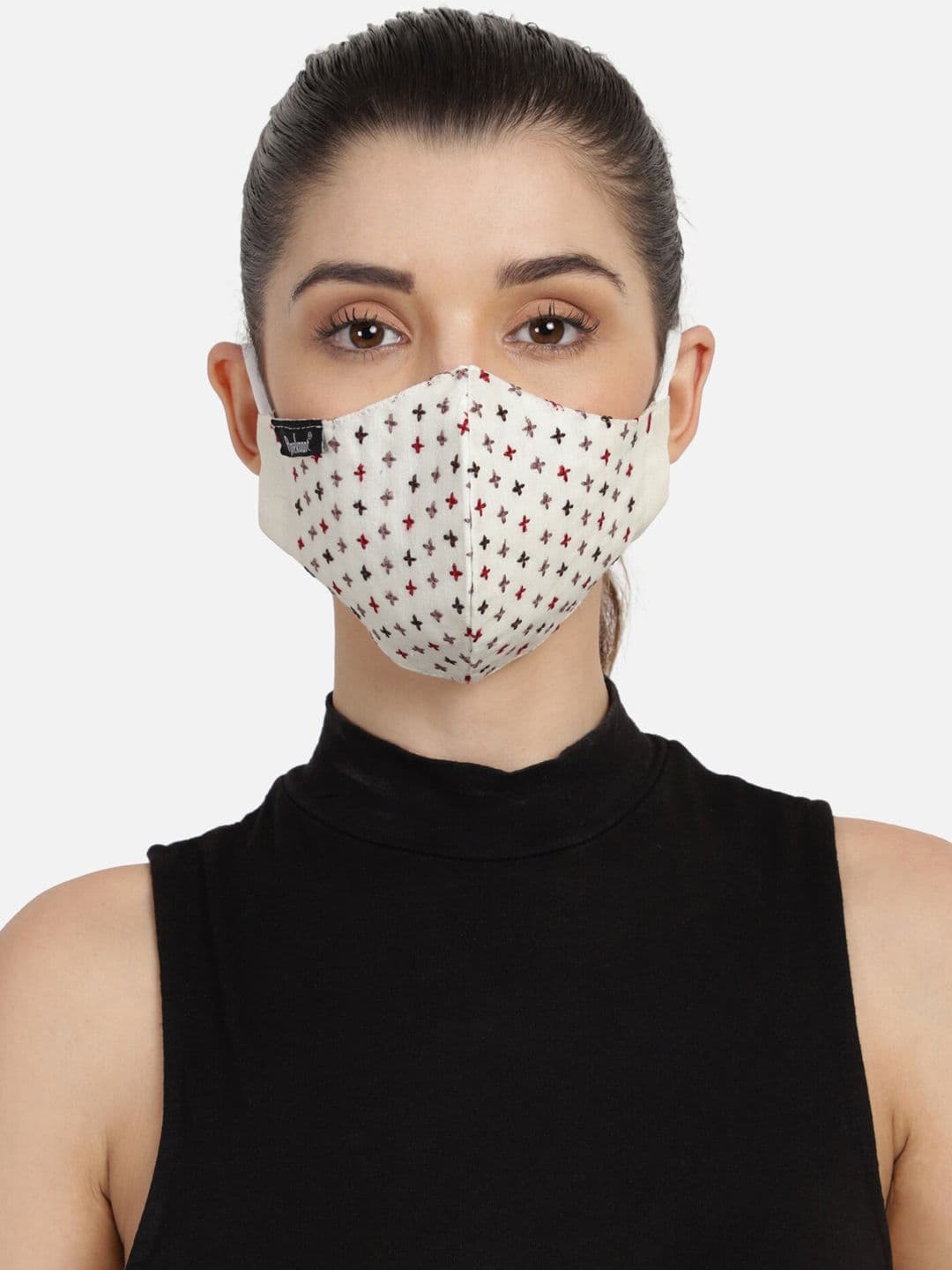 Anekaant Women Cream-Coloured 3-Ply Embroidered Fabric Fashion Mask - view 1