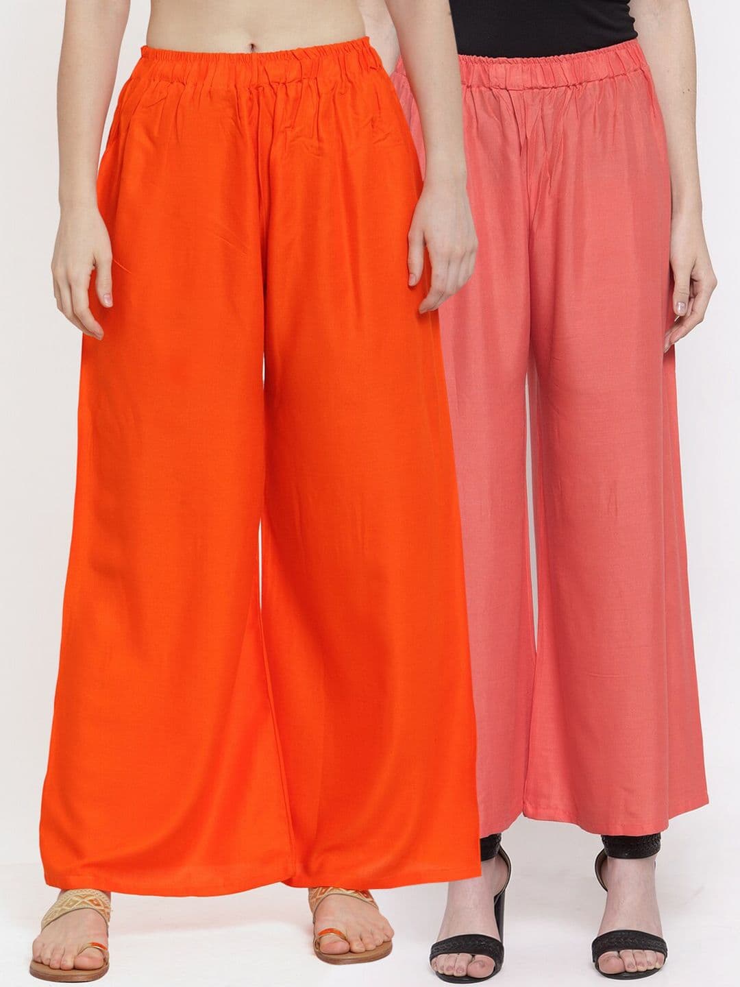 TAG 7 Women Pack Of 2 Orange & Peach-Coloured Solid Flared Palazzos - view 1