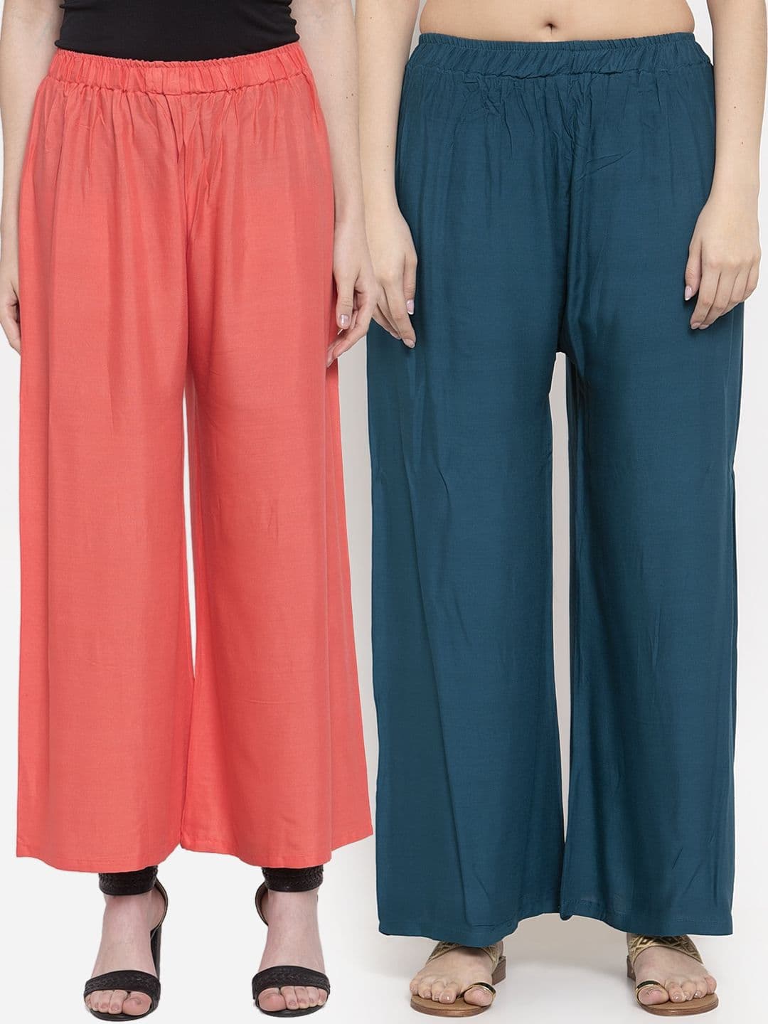 TAG 7 Women Set Of 2 Navy Blue & Peach-Coloured Solid Wide Leg Palazzos - view 1