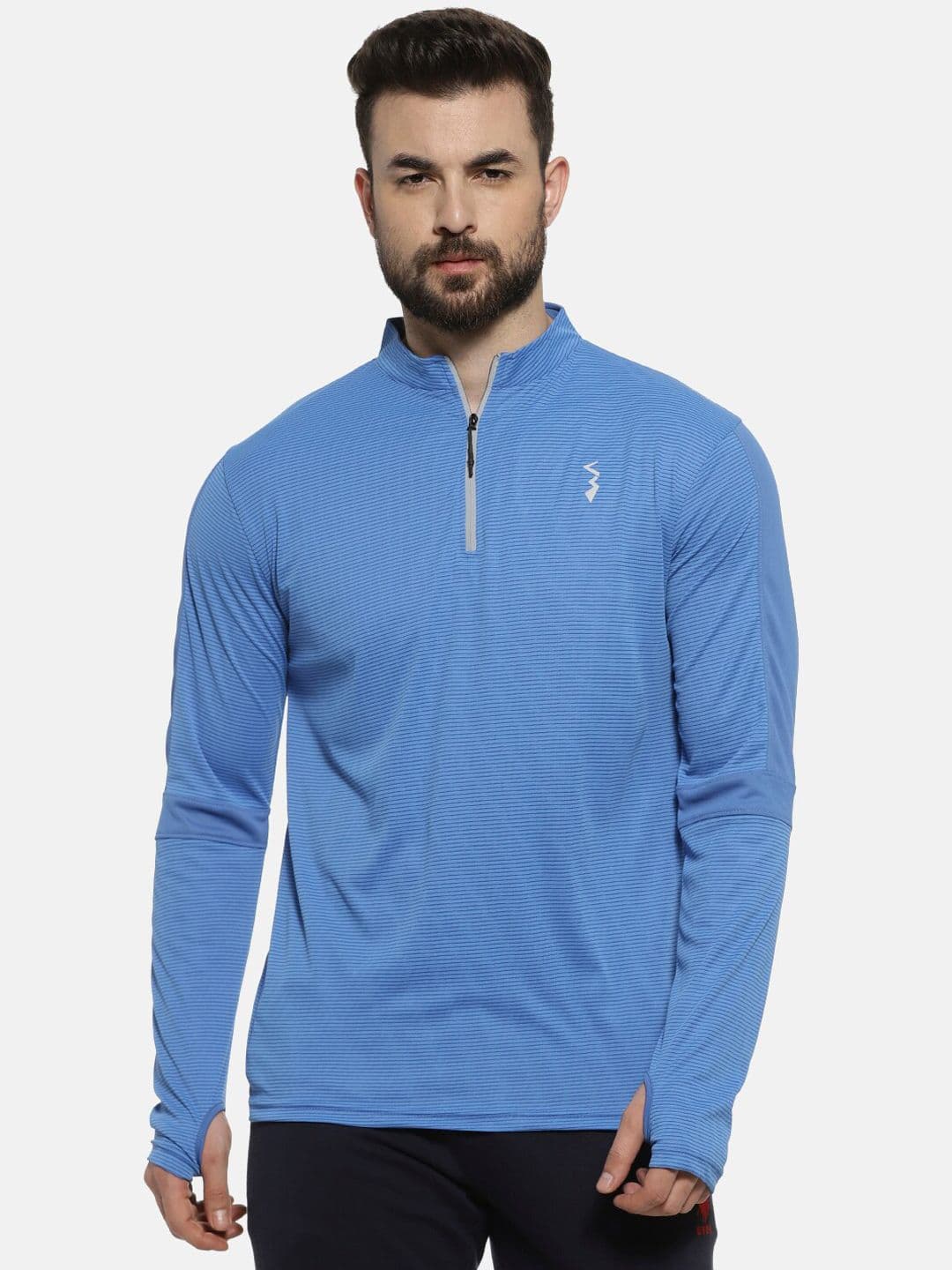 CAHOOT Men Blue Striped Mandarin Collar T-shirt - view 1