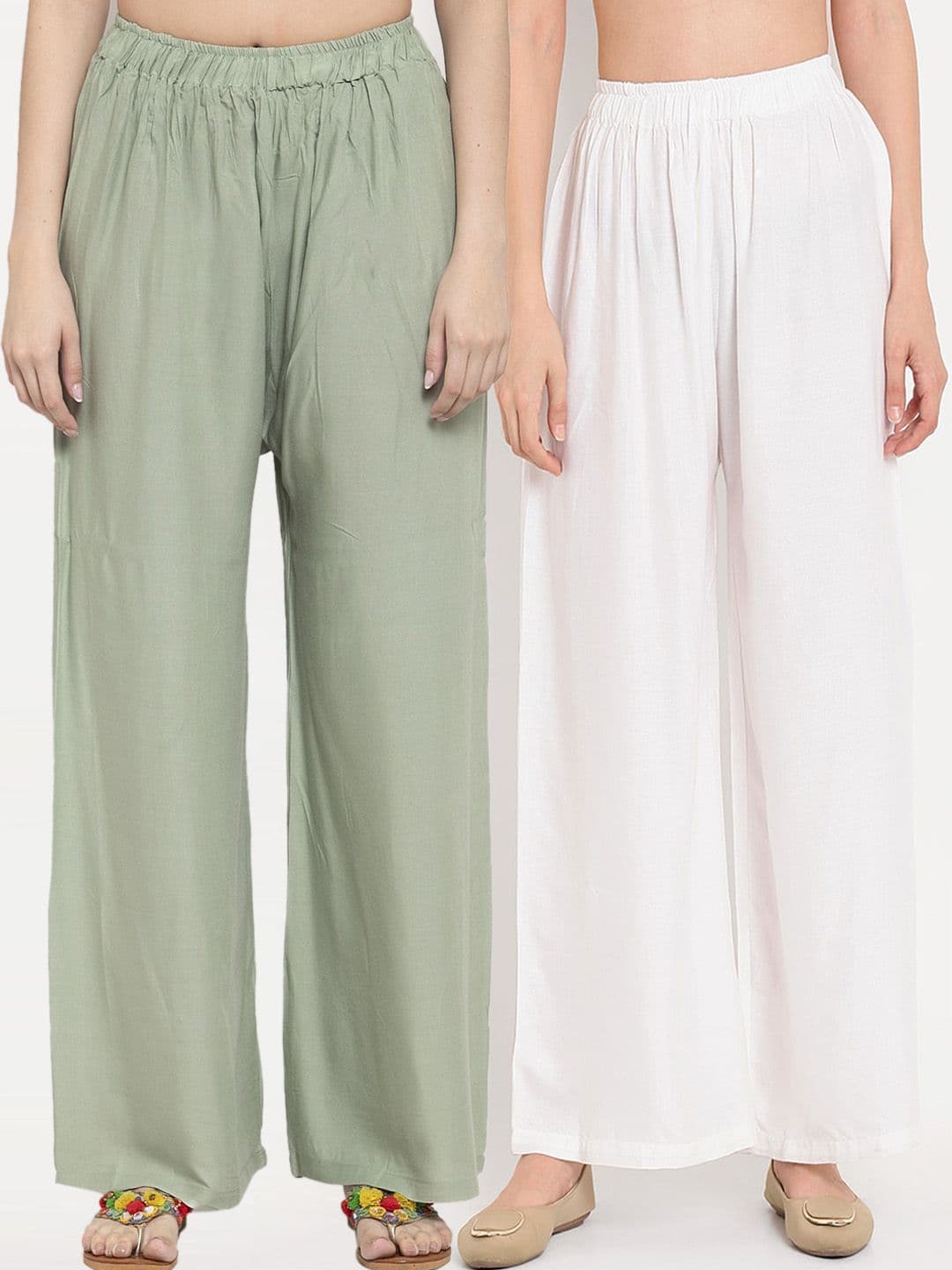 TAG 7 Women Pack Of 2 Green & White Solid Flared Palazzos - view 1