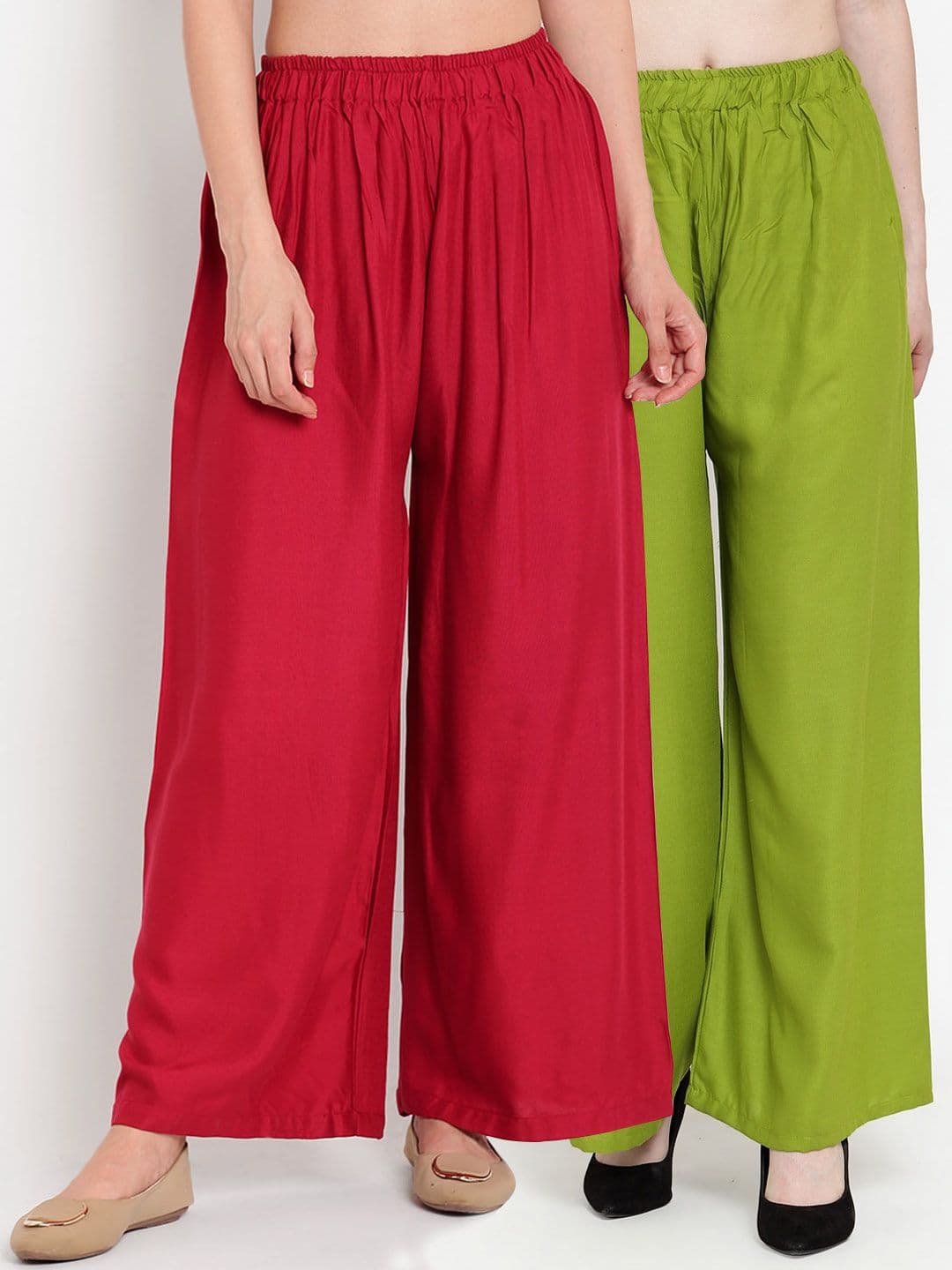 TAG 7 Women Pack Of 2 Green & Maroon Solid Flared Palazzos - view 1