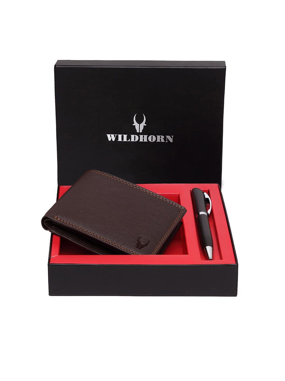 WildHorn Men Brown & Black RFID Protected Genuine Leather Wallet & Pen Accessory Gift Set