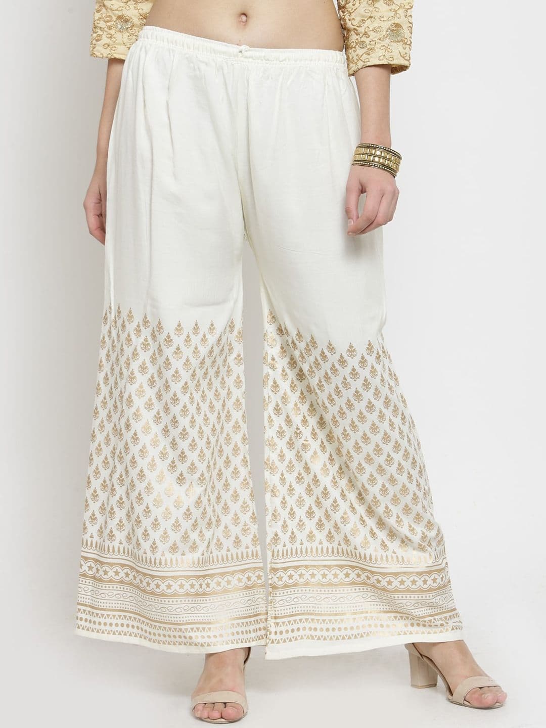 Clora Creation Women Off-White & Gold-Toned Hem Design Flared Palazzos - view 1