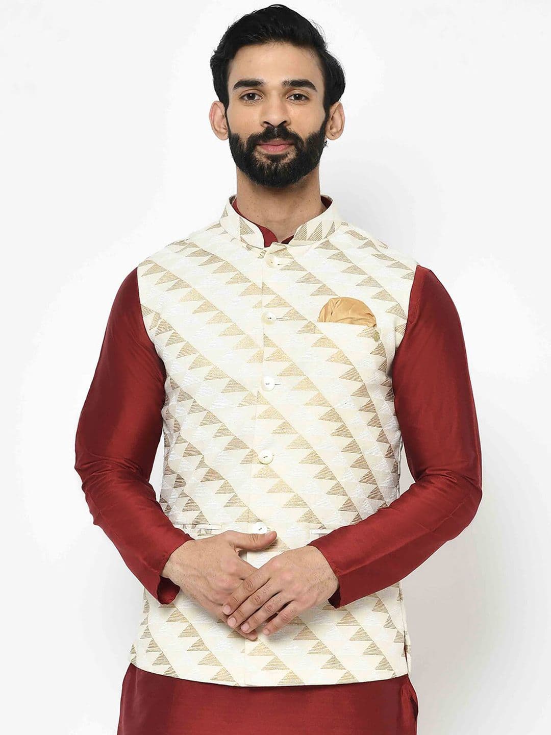 KISAH Men Cream-Coloured & Brown Printed Nehru Jacket - view 1