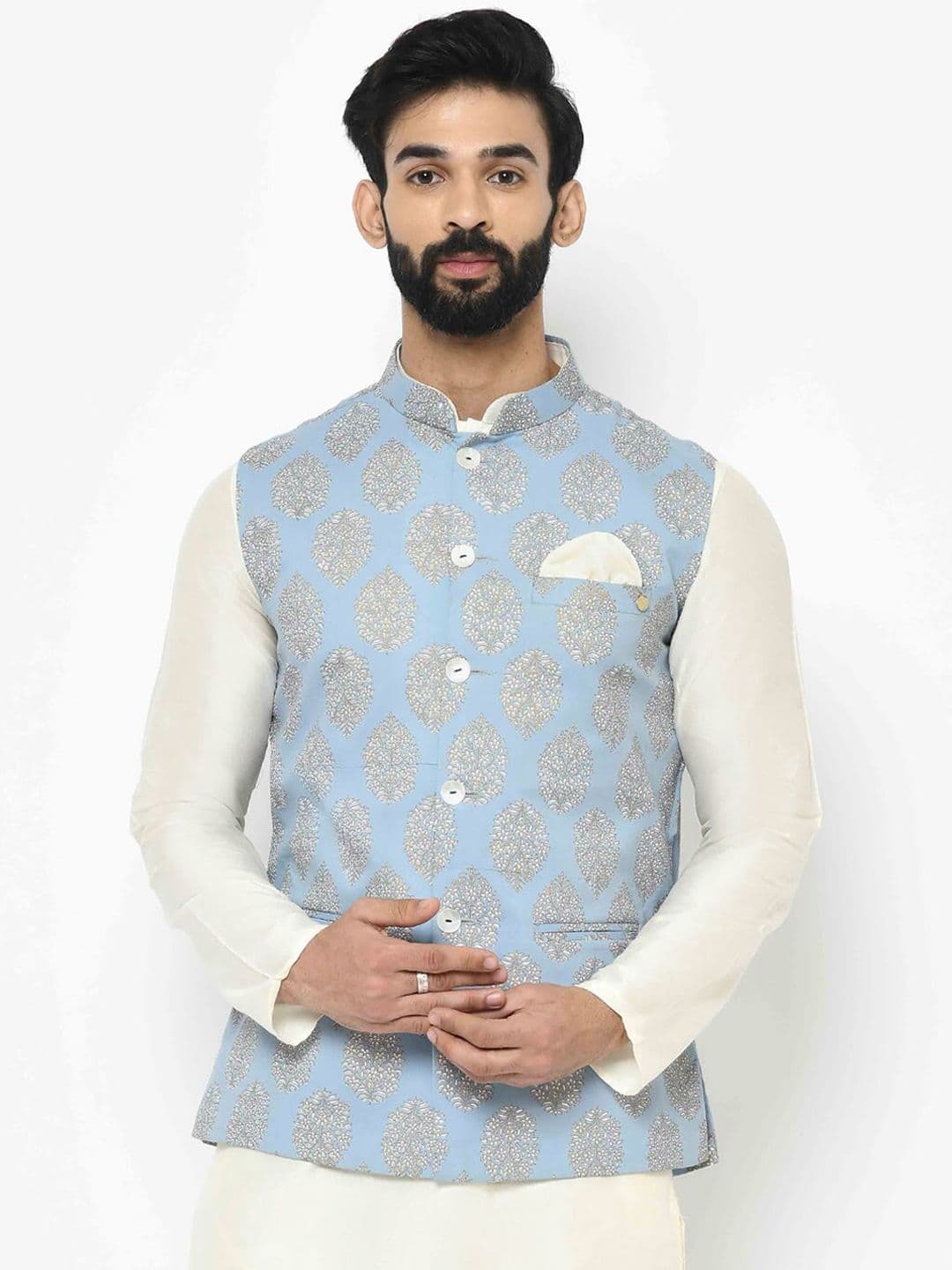 KISAH Men Blue & Green Printed Nehru Jacket - view 1