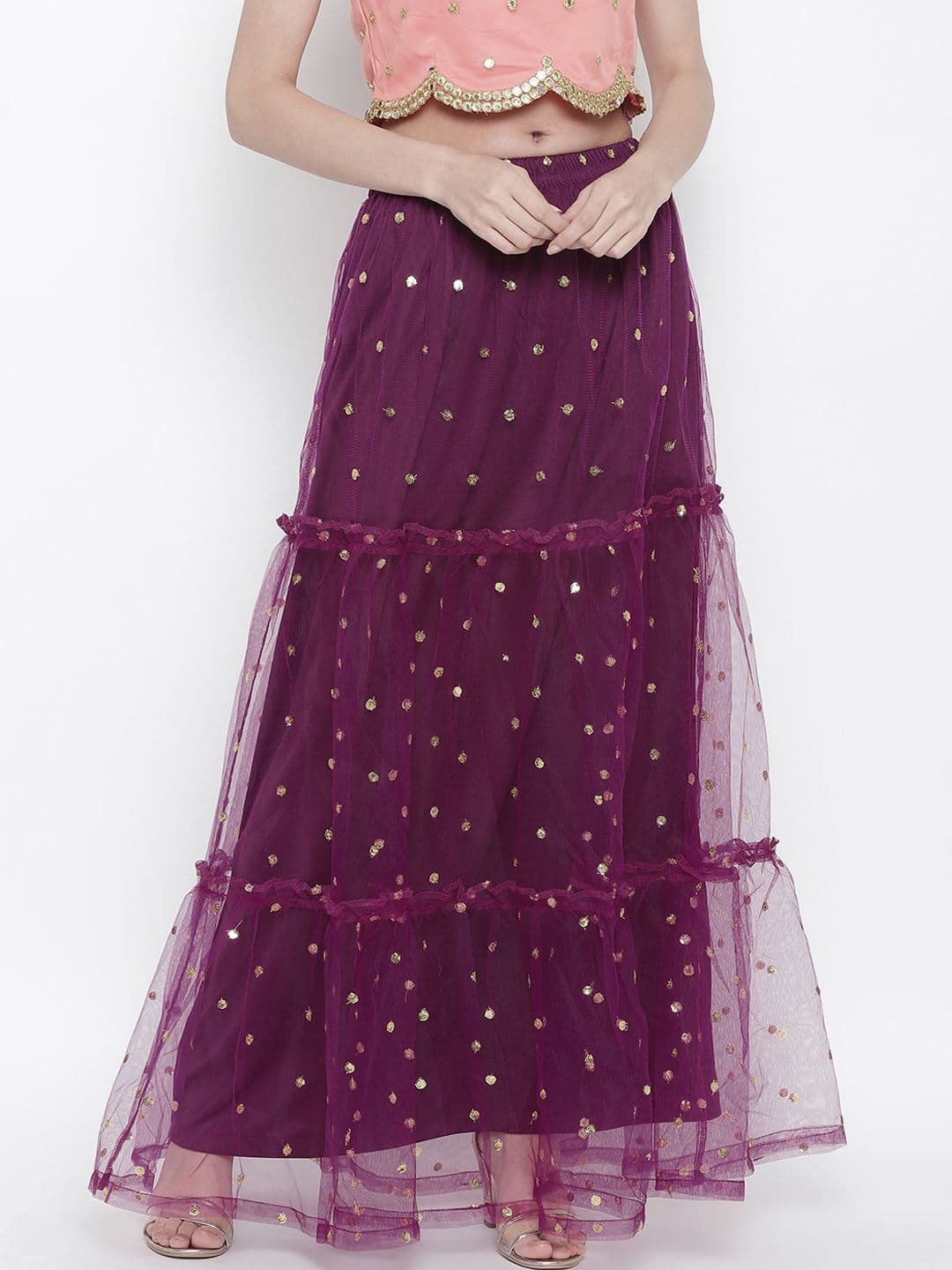 AKIMIA Purple Sequinned Tiered Maxi Skirt - view 1