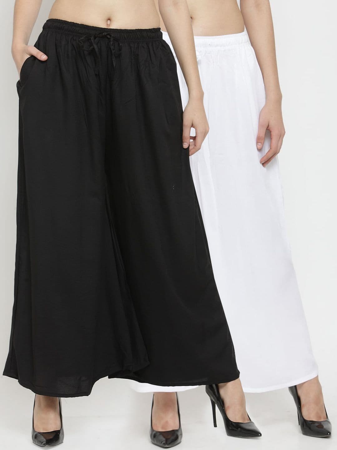 Clora Creation Women Set Of 2 Black & White Solid Wide Leg Palazzos - view 1