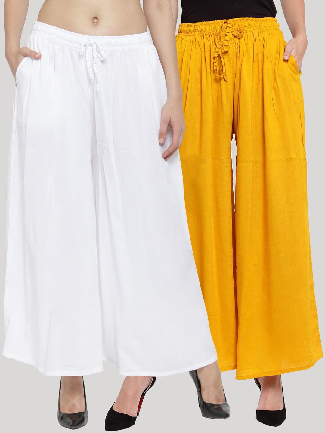 Clora Creation Women Pack Of 2 Yellow & White Solid Wide Leg Palazzos - view 1