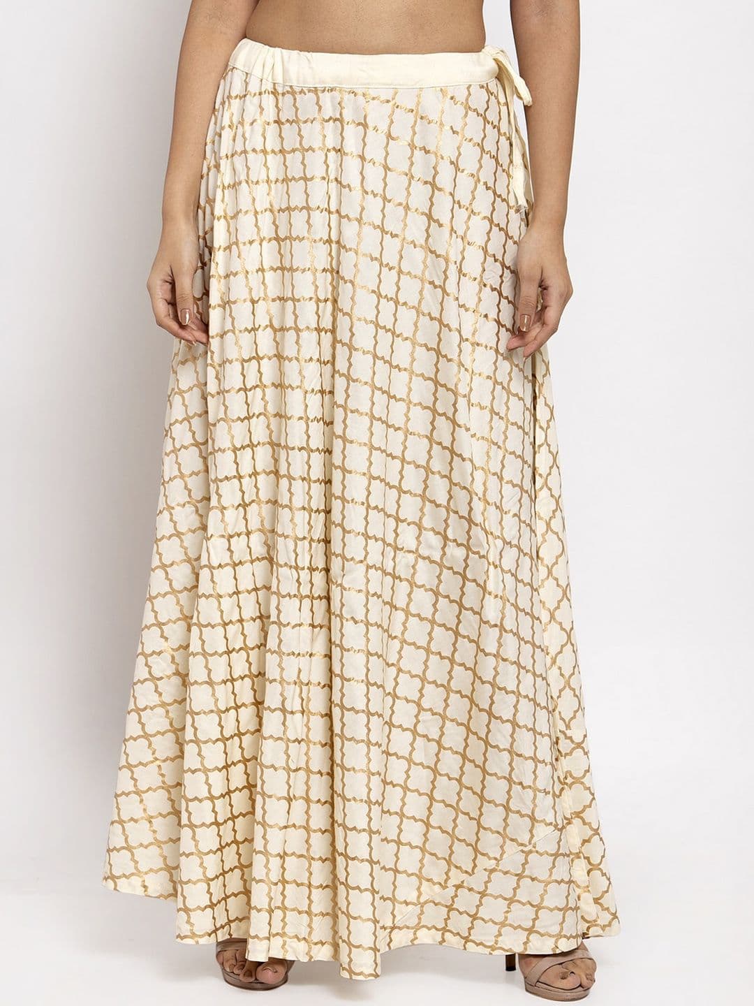 Clora Creation Women Cream-Coloured & Gold-Coloured Printed Flared Maxi Skirt - view 1